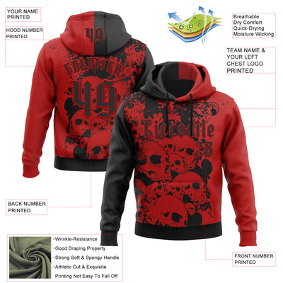 Custom Red Black 3D Skull Gothic Splash Vintage Grunge Art Sports Pullover Sweatshirt Hoodie