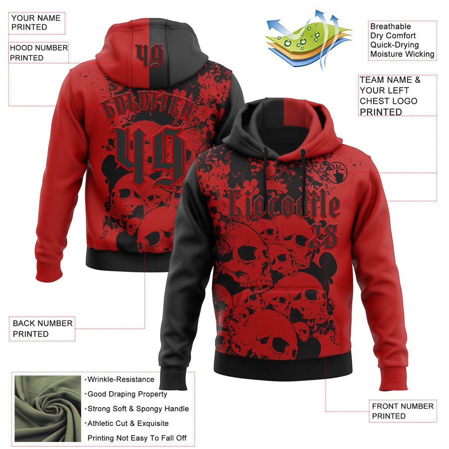 Custom Red Black 3D Skull Gothic Splash Vintage Grunge Art Sports Pullover Sweatshirt Hoodie