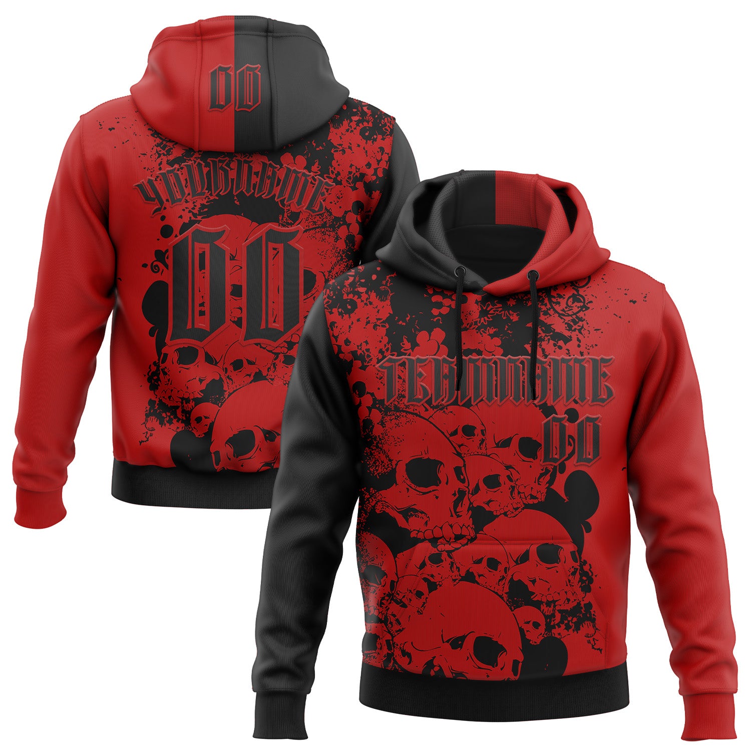 Custom Red Black 3D Skull Gothic Splash Vintage Grunge Art Sports Pullover Sweatshirt Hoodie