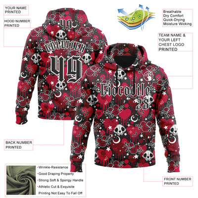 Custom Red Black-White 3D Skull Roses Gothic Splash Hearts Stars Sports Pullover Sweatshirt Hoodie