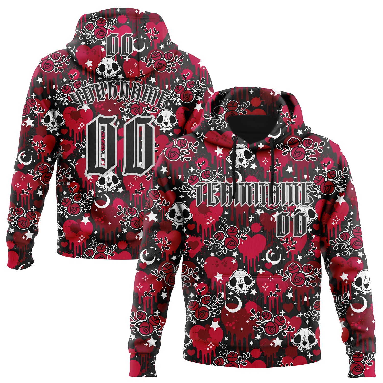 Custom Red Black-White 3D Skull Roses Gothic Splash Hearts Stars Sports Pullover Sweatshirt Hoodie