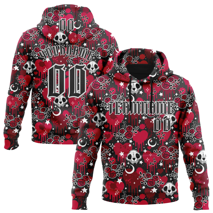 Custom Red Black-White 3D Skull Roses Gothic Splash Hearts Stars Sports Pullover Sweatshirt Hoodie