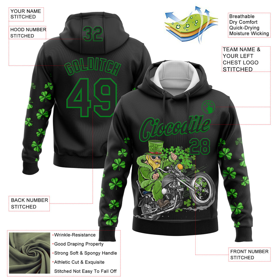 Custom Stitched Black Grass Green 3D Pattern Design St. Patrick's Day Motorcycle Motocross Racing Sports Pullover Sweatshirt Hoodie