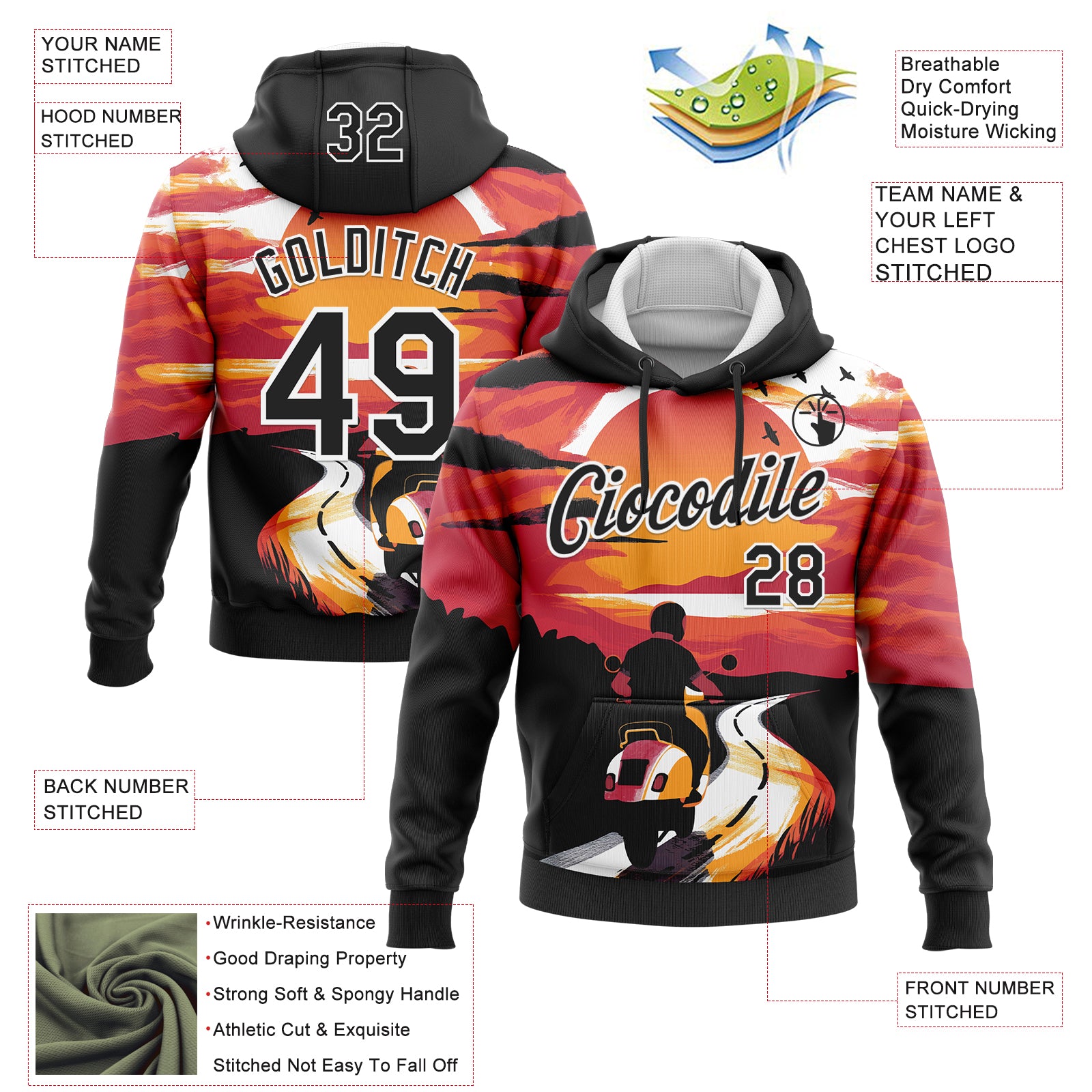 Custom Stitched Red Black-White 3D Pattern Design Motorcycle Motocross Racing Sports Pullover Sweatshirt Hoodie