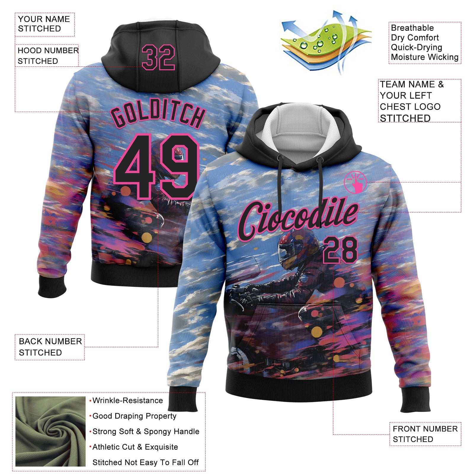 Custom Stitched Blue Black-Pink 3D Pattern Design Motorcycle Motocross Racing Sports Pullover Sweatshirt Hoodie