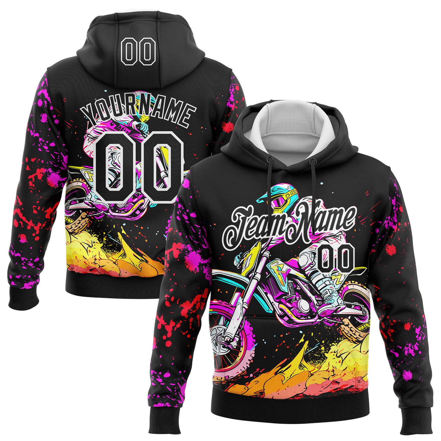 Custom Stitched Black White 3D Pattern Design Motorcycle Motocross Racing Sports Pullover Sweatshirt Hoodie