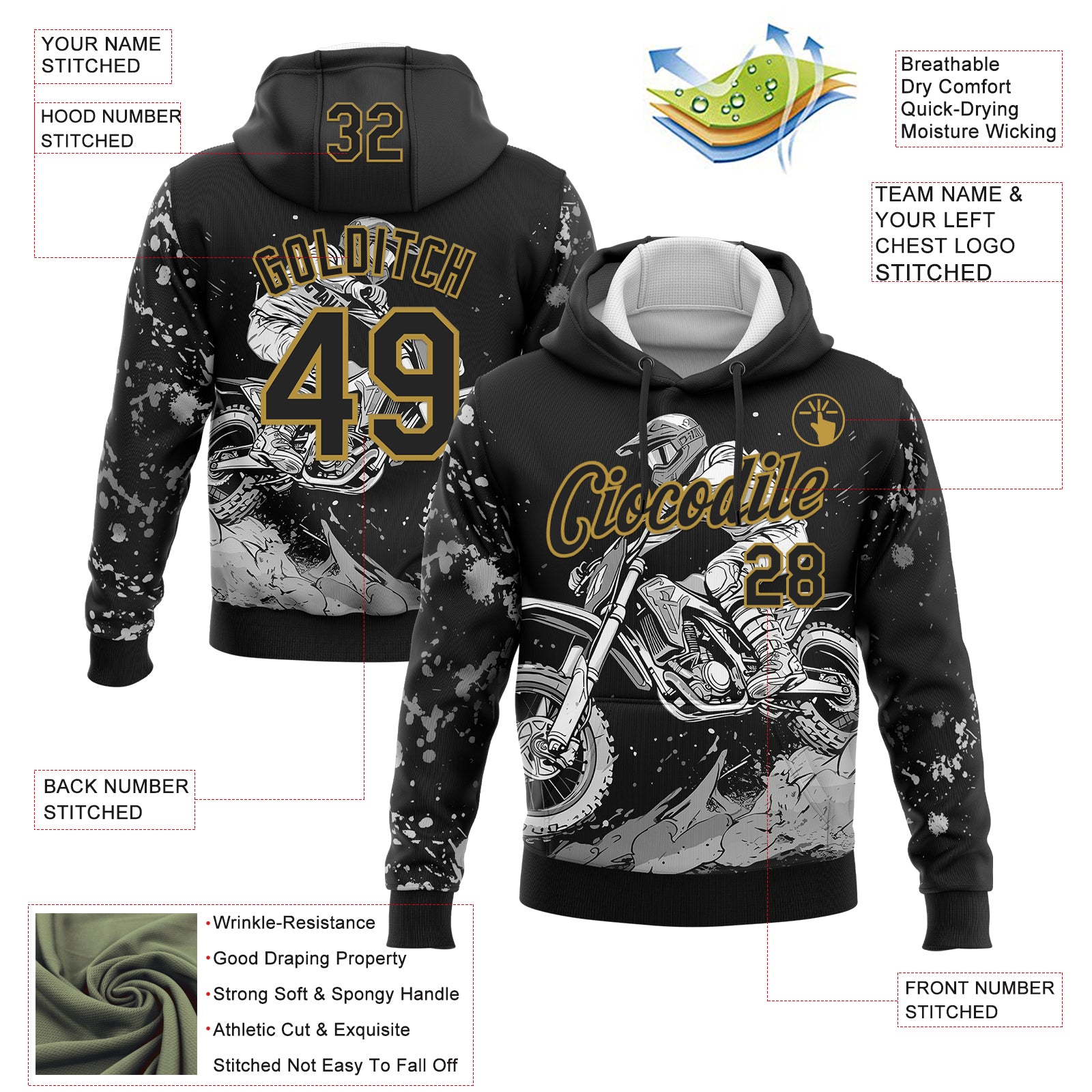 Custom Stitched Black Old Gold 3D Pattern Design Motorcycle Motocross Racing Sports Pullover Sweatshirt Hoodie