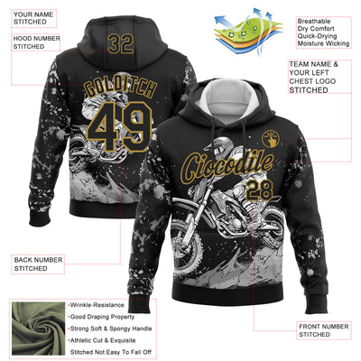 Custom Stitched Black Old Gold 3D Pattern Design Motorcycle Motocross Racing Sports Pullover Sweatshirt Hoodie