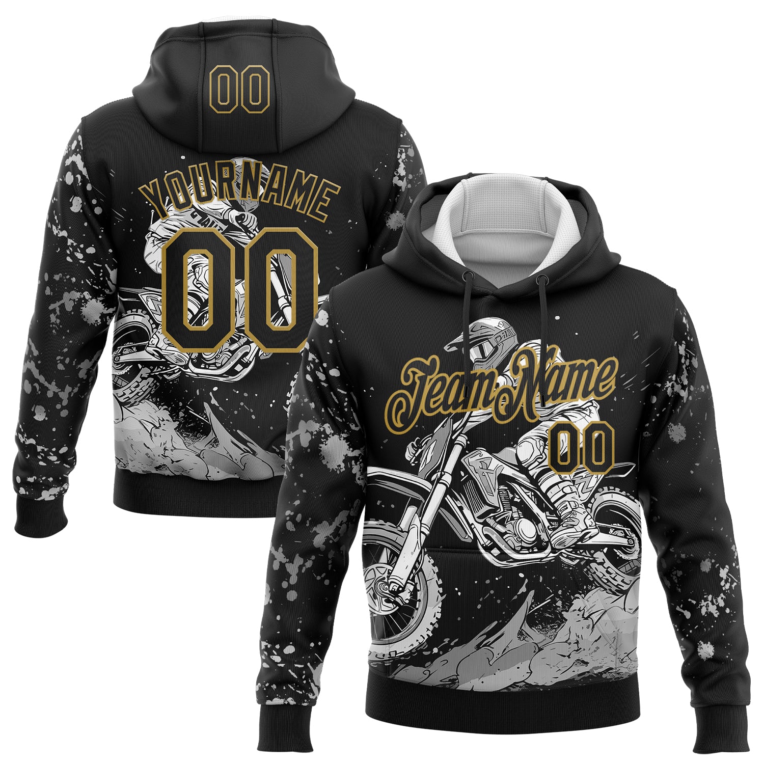 Custom Stitched Black Old Gold 3D Pattern Design Motorcycle Motocross Racing Sports Pullover Sweatshirt Hoodie
