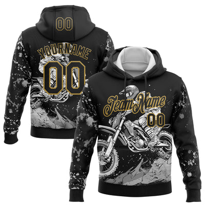 Custom Stitched Black Old Gold 3D Pattern Design Motorcycle Motocross Racing Sports Pullover Sweatshirt Hoodie