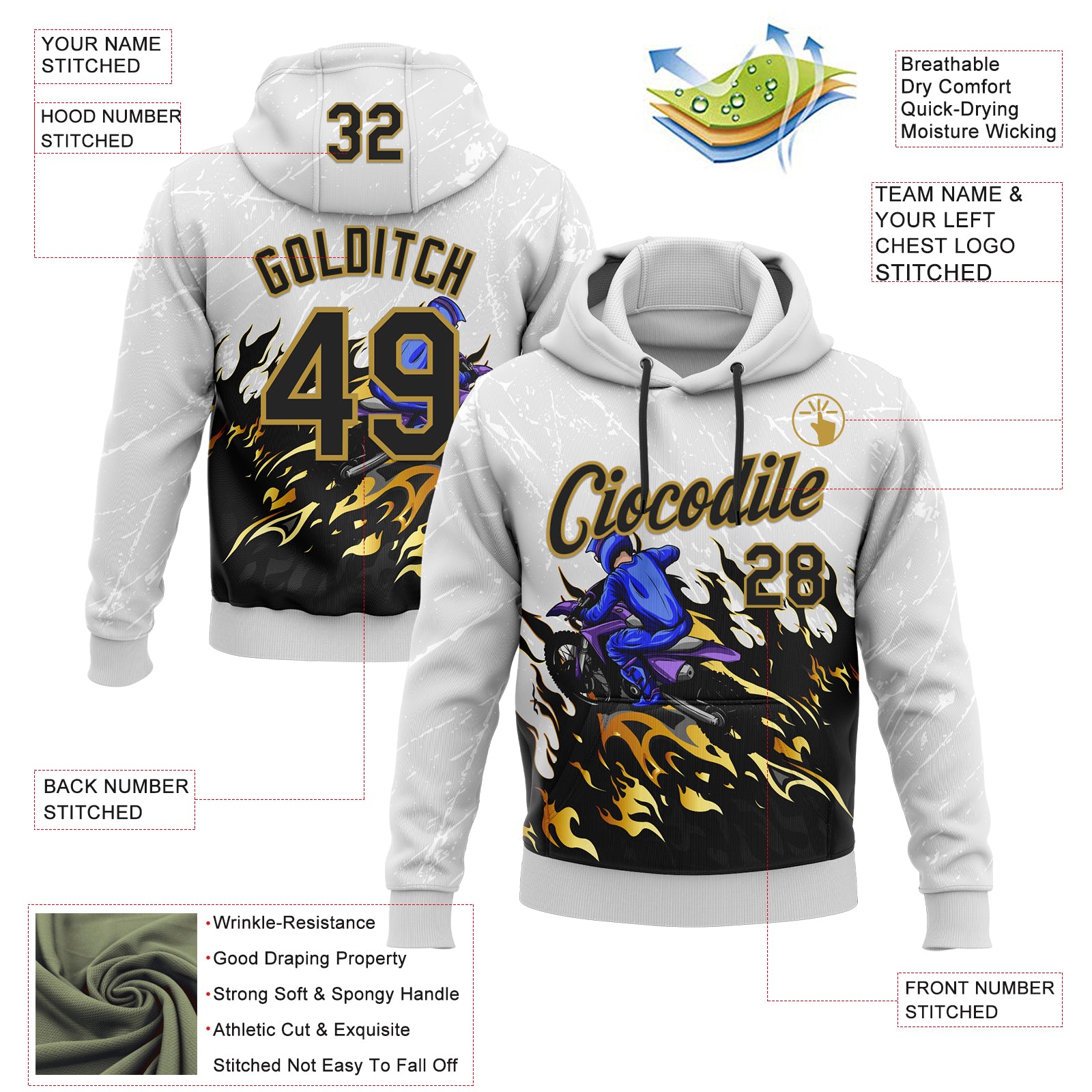 Custom Stitched White Old Gold-Black 3D Pattern Design Flame Motorcycle Motocross Racing Sports Pullover Sweatshirt Hoodie