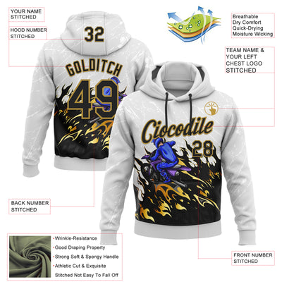 Custom Stitched White Old Gold-Black 3D Pattern Design Flame Motorcycle Motocross Racing Sports Pullover Sweatshirt Hoodie