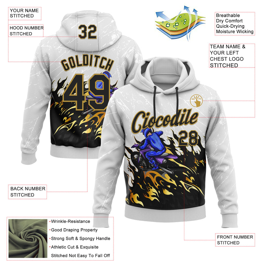 Custom Stitched White Old Gold-Black 3D Pattern Design Flame Motorcycle Motocross Racing Sports Pullover Sweatshirt Hoodie
