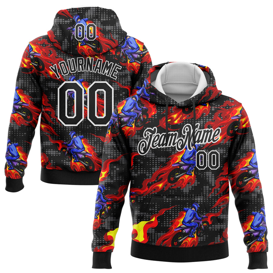 Custom Stitched Black White 3D Pattern Design Flame Motorcycle Motocross Racing Sports Pullover Sweatshirt Hoodie
