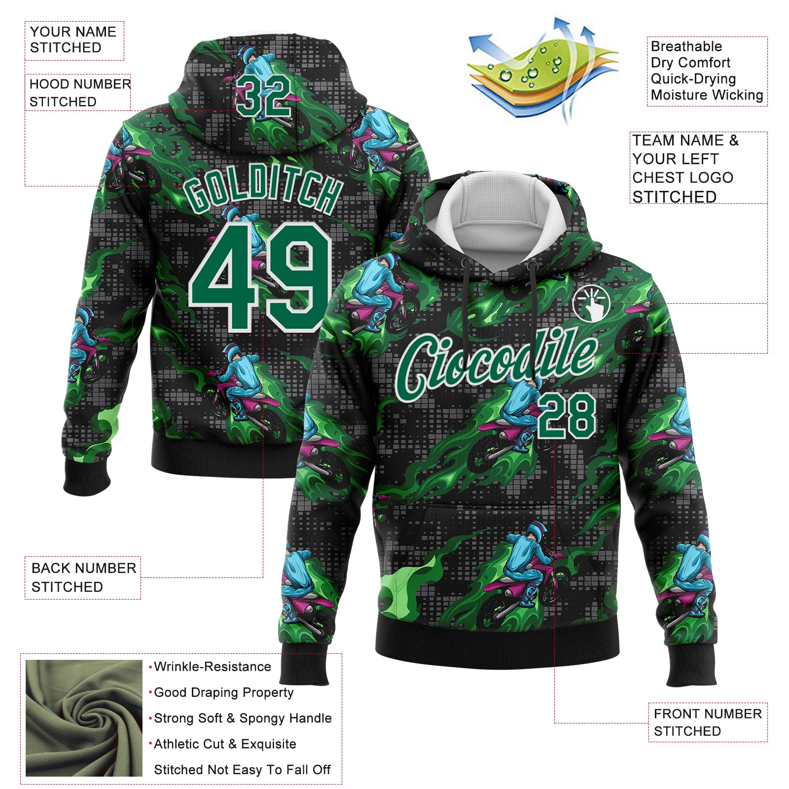 Custom Stitched Black Kelly Green-White 3D Pattern Design Flame Motorcycle Motocross Racing Sports Pullover Sweatshirt Hoodie