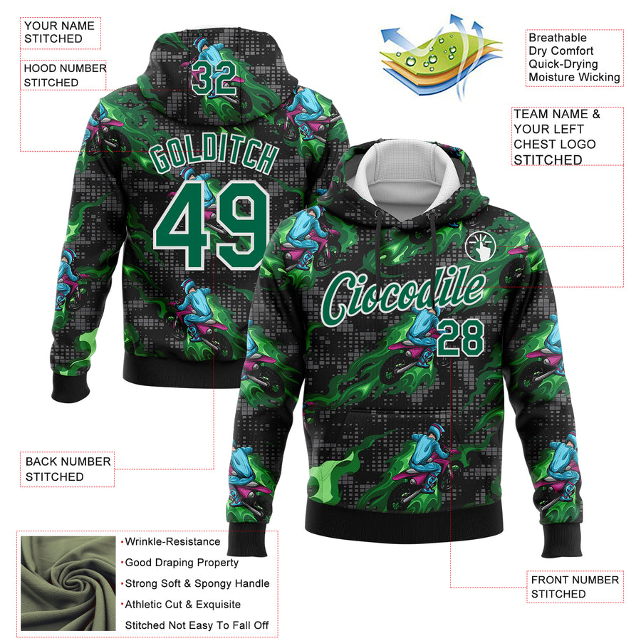 Custom Stitched Black Kelly Green-White 3D Pattern Design Flame Motorcycle Motocross Racing Sports Pullover Sweatshirt Hoodie