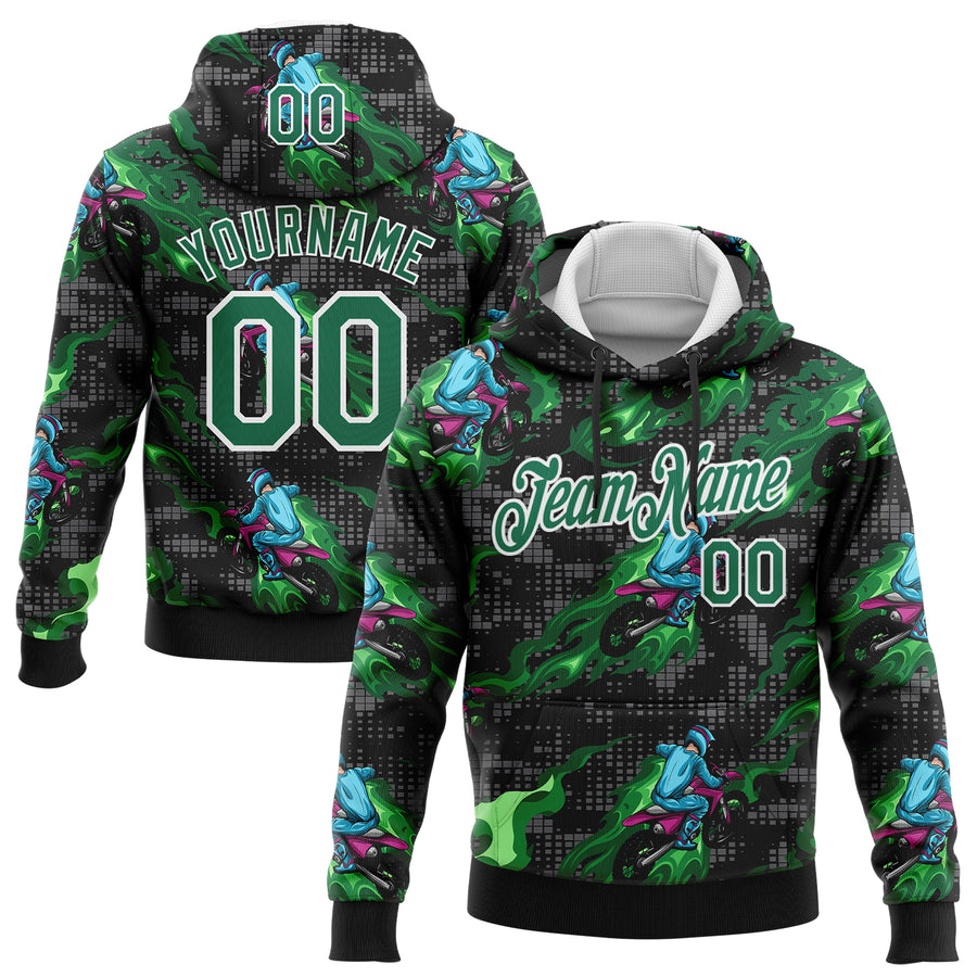 Custom Stitched Black Kelly Green-White 3D Pattern Design Flame Motorcycle Motocross Racing Sports Pullover Sweatshirt Hoodie