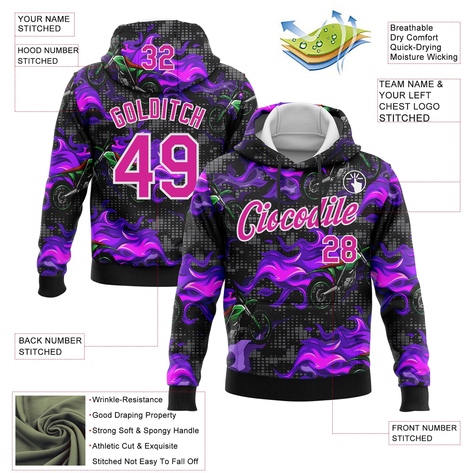 Custom Stitched Black Deep Pink-White 3D Pattern Design Flame Motorcycle Motocross Racing Sports Pullover Sweatshirt Hoodie
