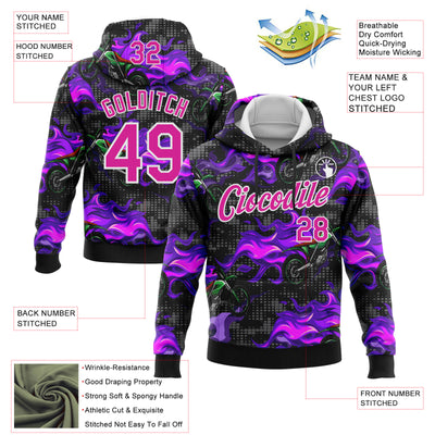 Custom Stitched Black Deep Pink-White 3D Pattern Design Flame Motorcycle Motocross Racing Sports Pullover Sweatshirt Hoodie