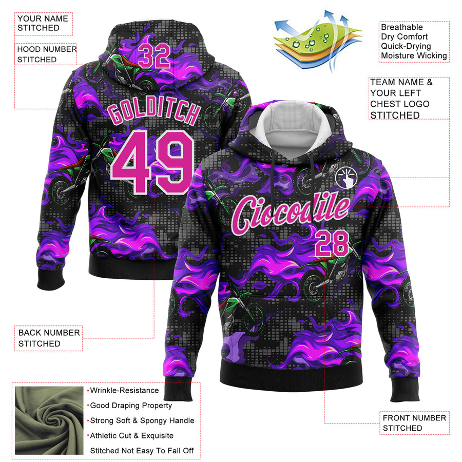 Custom Stitched Black Deep Pink-White 3D Pattern Design Flame Motorcycle Motocross Racing Sports Pullover Sweatshirt Hoodie