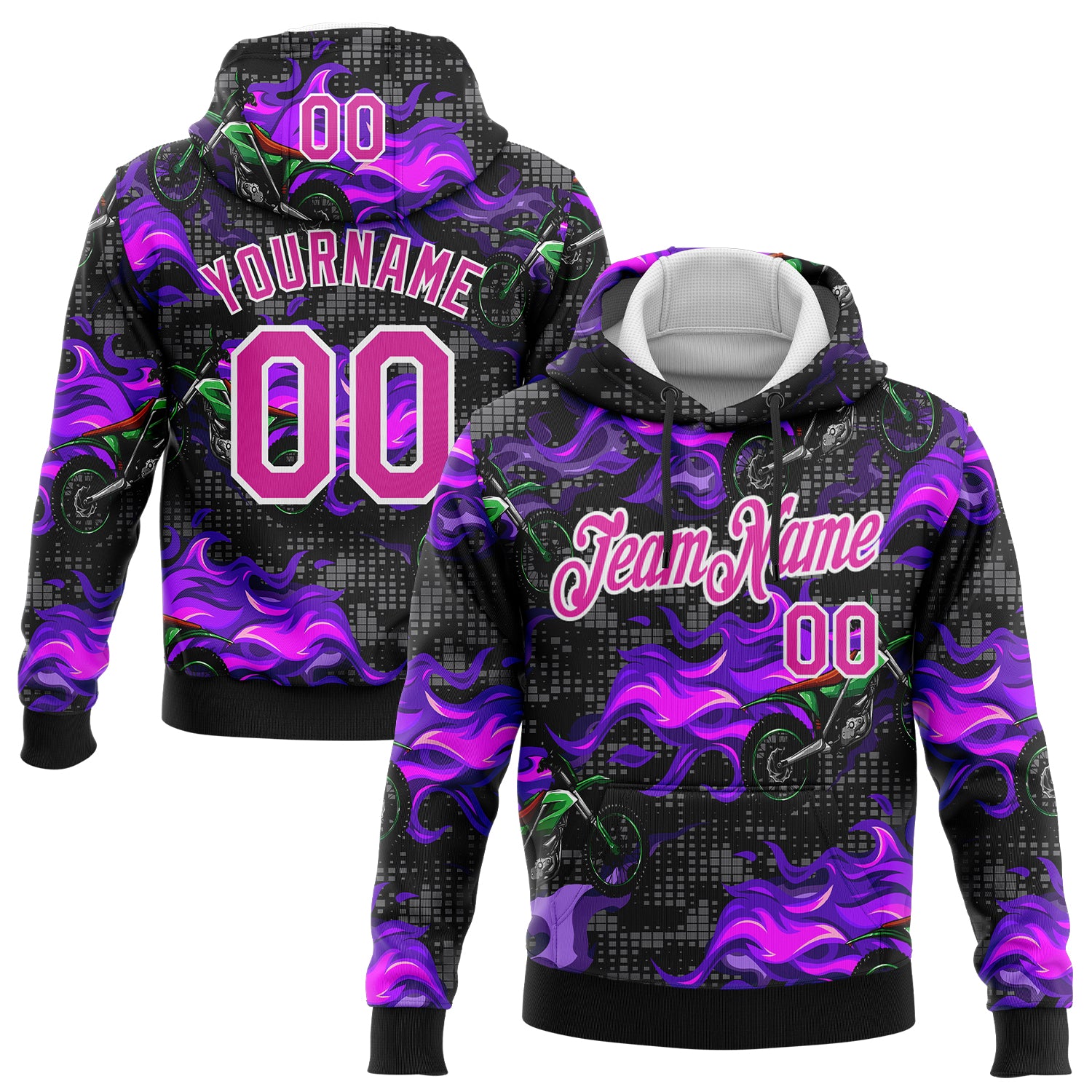 Custom Stitched Black Deep Pink-White 3D Pattern Design Flame Motorcycle Motocross Racing Sports Pullover Sweatshirt Hoodie