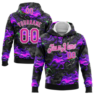 Custom Stitched Black Deep Pink-White 3D Pattern Design Flame Motorcycle Motocross Racing Sports Pullover Sweatshirt Hoodie