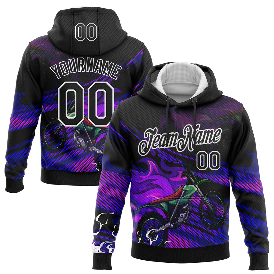 Custom Stitched Black White 3D Pattern Design Flame Motorcycle Motocross Racing Sports Pullover Sweatshirt Hoodie