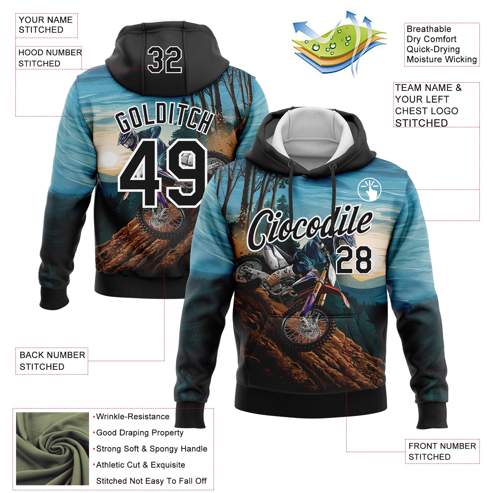 Custom Stitched Blue Black-White 3D Pattern Design Motorcycle Motocross Racing Sports Pullover Sweatshirt Hoodie