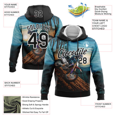 Custom Stitched Blue Black-White 3D Pattern Design Motorcycle Motocross Racing Sports Pullover Sweatshirt Hoodie