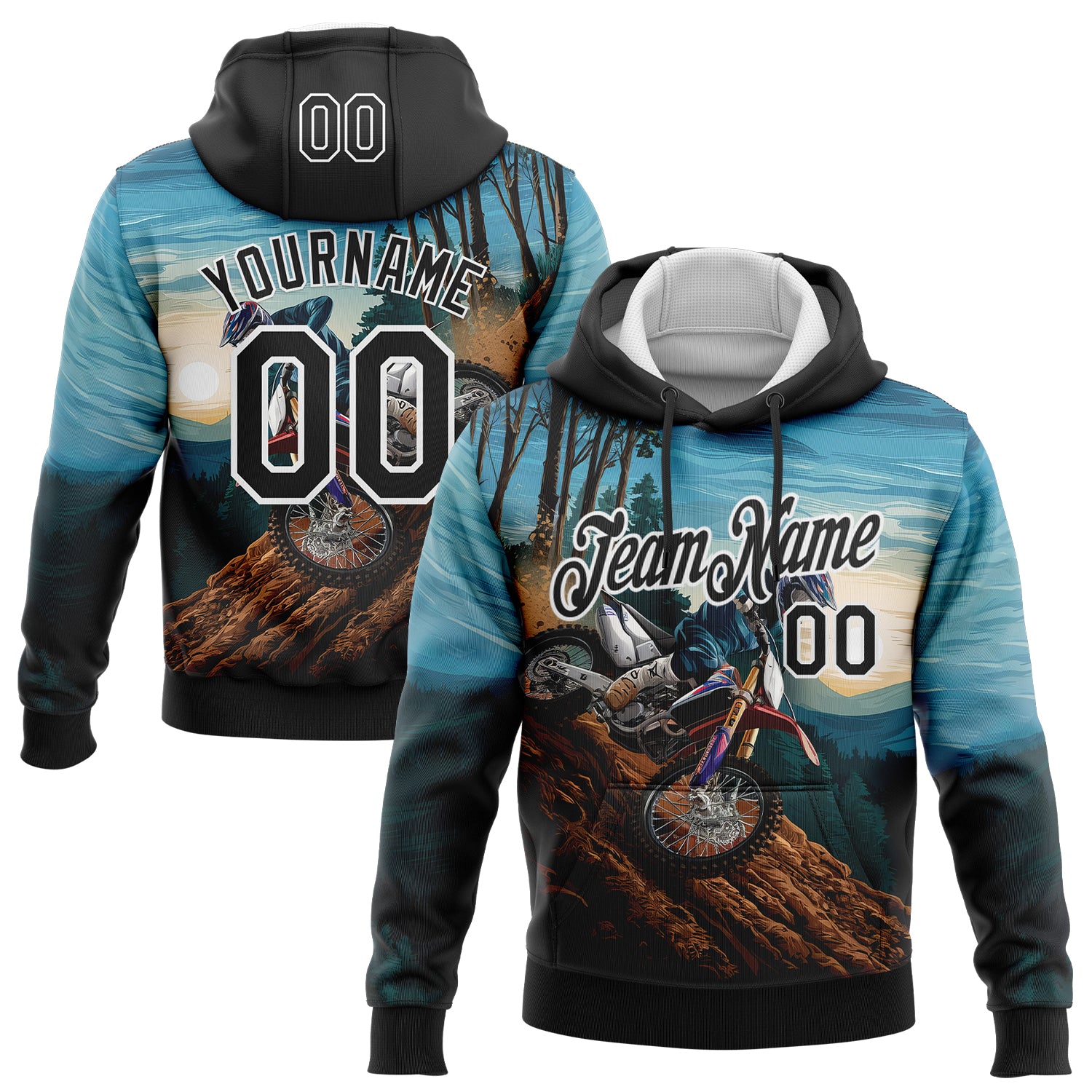 Custom Stitched Blue Black-White 3D Pattern Design Motorcycle Motocross Racing Sports Pullover Sweatshirt Hoodie