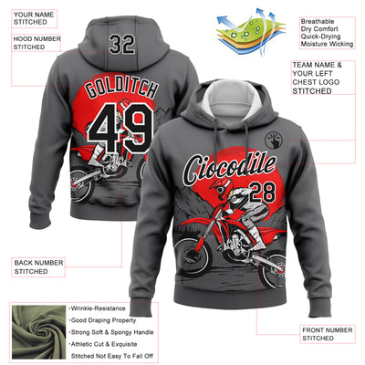 Custom Stitched Gray Black-White 3D Pattern Design Motorcycle Motocross Racing Sports Pullover Sweatshirt Hoodie