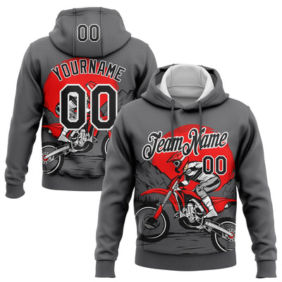 Custom Stitched Gray Black-White 3D Pattern Design Motorcycle Motocross Racing Sports Pullover Sweatshirt Hoodie