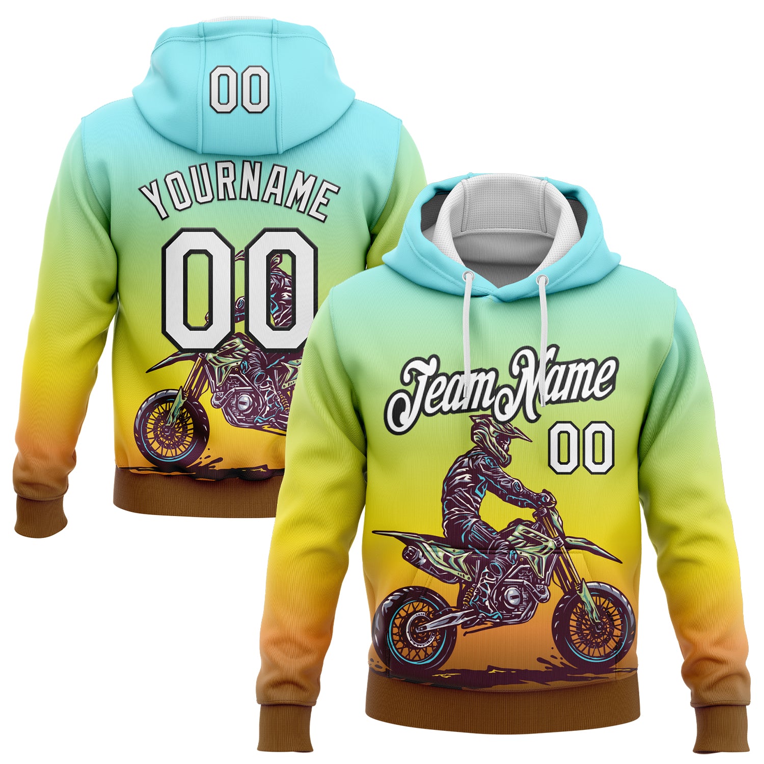 Custom Stitched Green White Yellow Brown-Black 3D Pattern Design Motorcycle Motocross Racing Sports Pullover Sweatshirt Hoodie