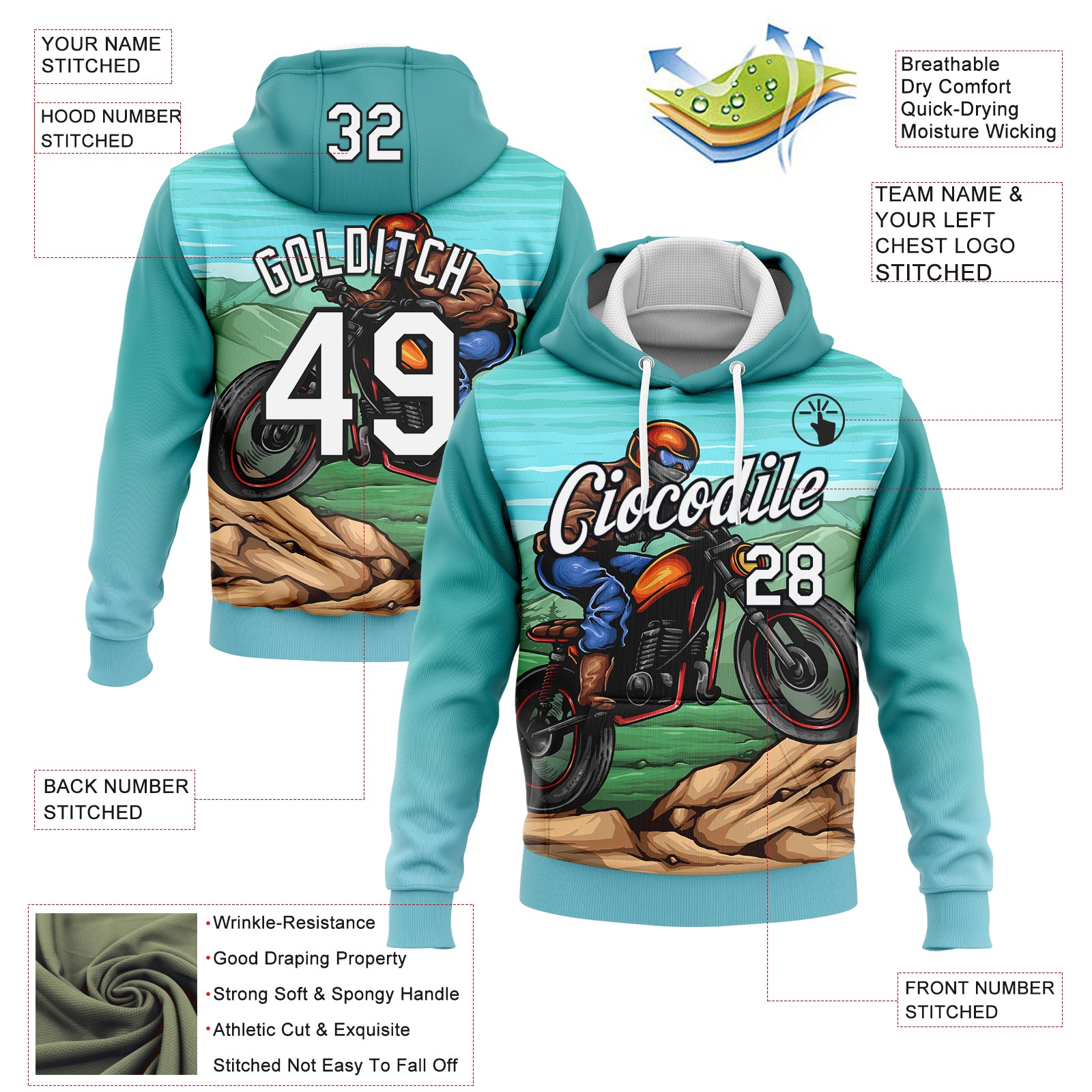 Custom Stitched Green White-Black 3D Pattern Design Motorcycle Motocross Racing Sports Pullover Sweatshirt Hoodie