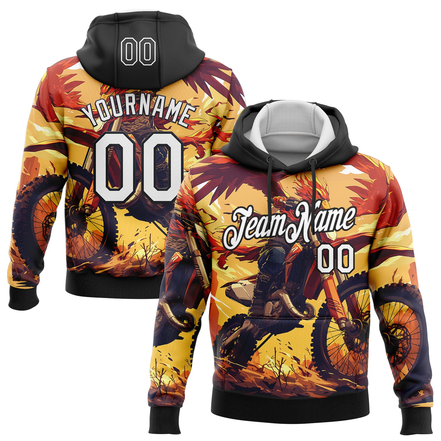 Custom Stitched Yellow White-Black 3D Pattern Design Motorcycle Motocross Racing Sports Pullover Sweatshirt Hoodie