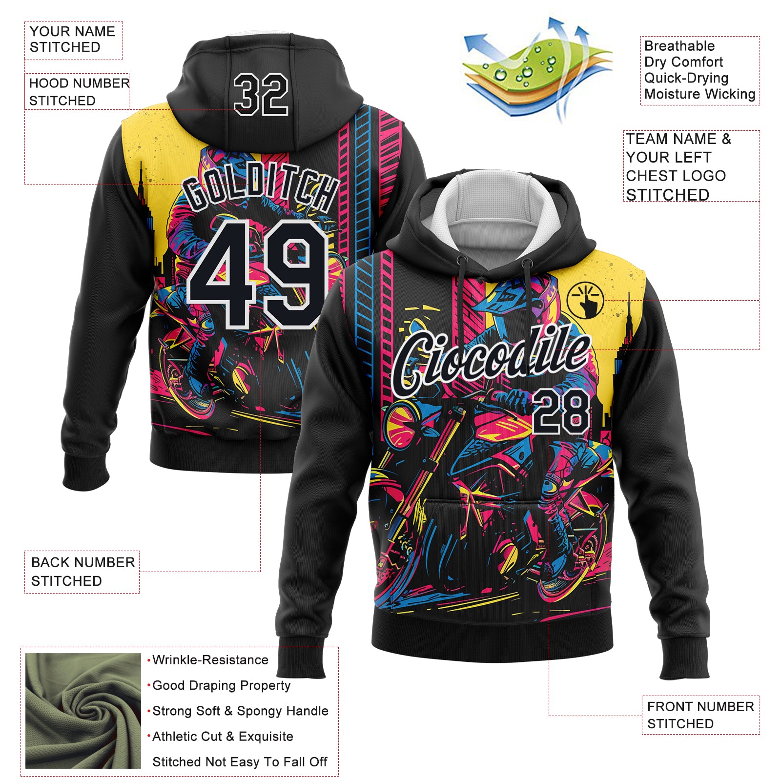 Custom Stitched Black White 3D Pattern Design Motorcycle Motocross Racing Sports Pullover Sweatshirt Hoodie