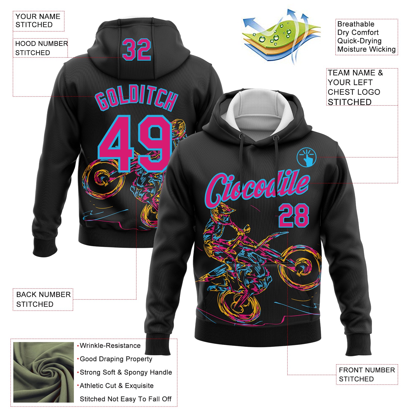 Custom Stitched Black Hot Pink-Sky Blue 3D Pattern Design Motorcycle Motocross Racing Sports Pullover Sweatshirt Hoodie