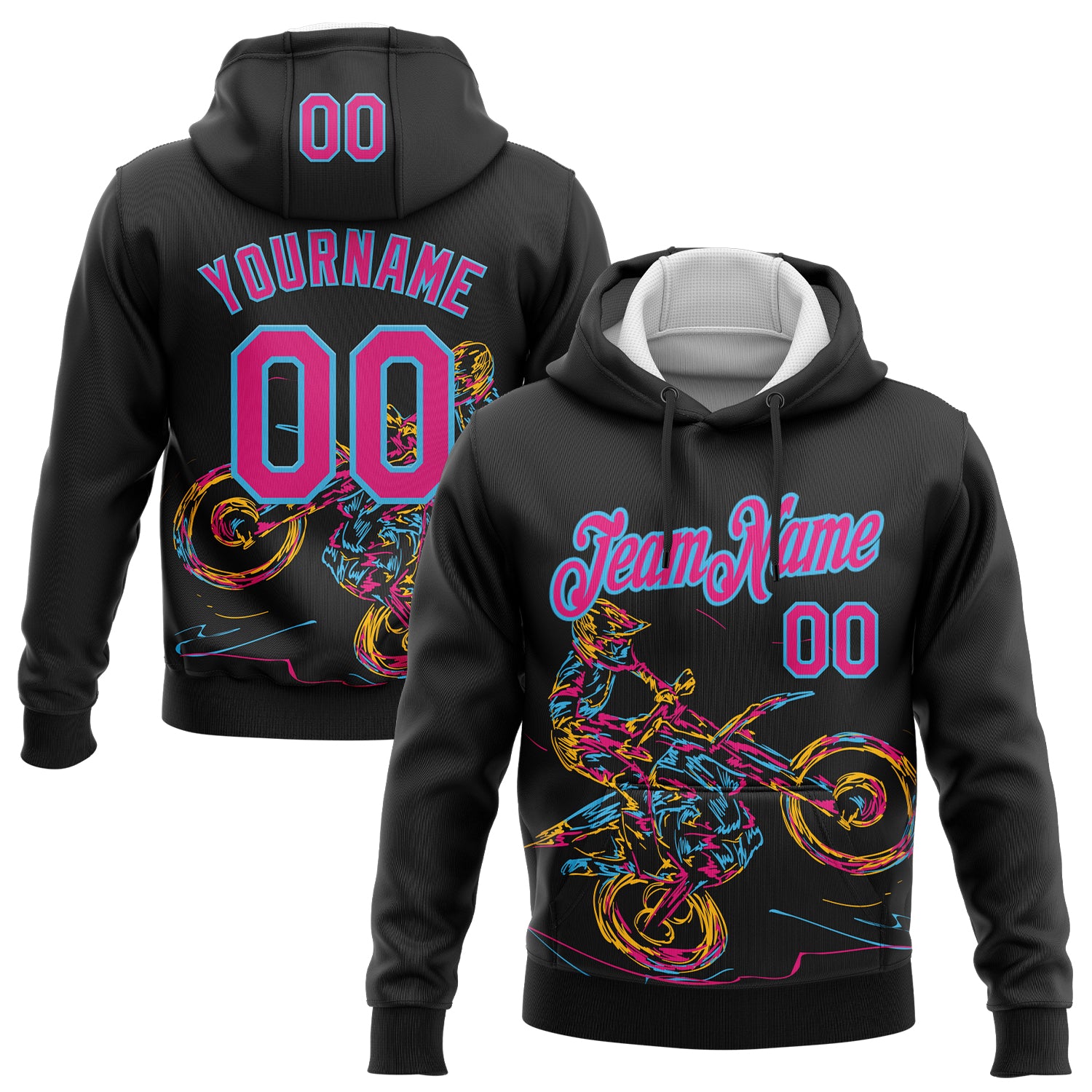 Custom Stitched Black Hot Pink-Sky Blue 3D Pattern Design Motorcycle Motocross Racing Sports Pullover Sweatshirt Hoodie