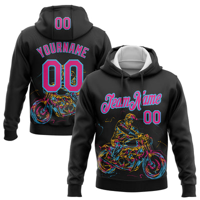 Custom Stitched Black Hot Pink-Sky Blue 3D Pattern Design Motorcycle Motocross Racing Sports Pullover Sweatshirt Hoodie