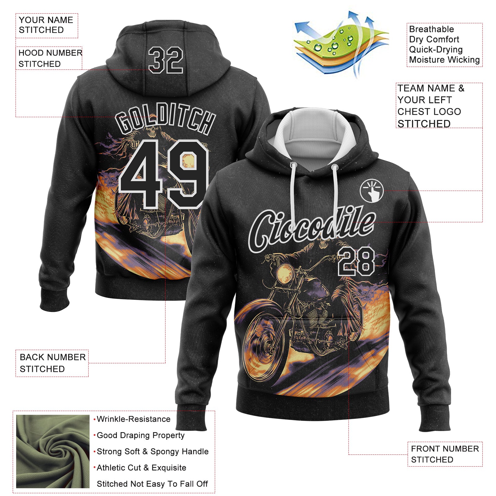 Custom Stitched Black White 3D Pattern Design Motorcycle Motocross Skull Racing Sports Pullover Sweatshirt Hoodie