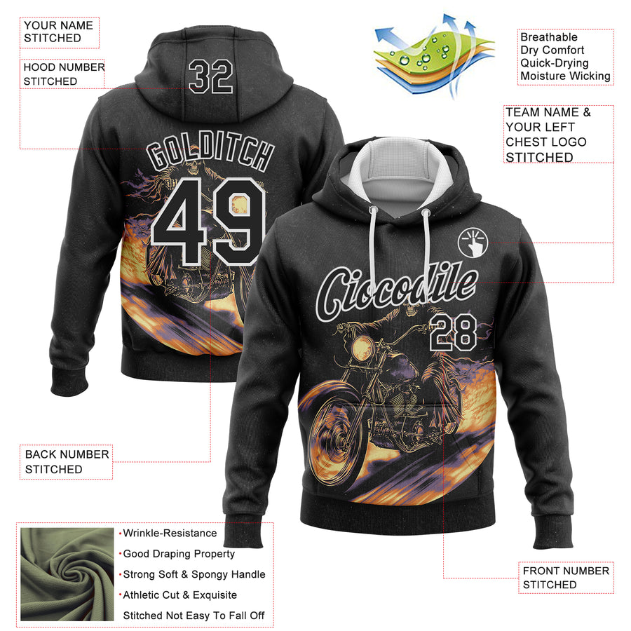 Custom Stitched Black White 3D Pattern Design Motorcycle Motocross Skull Racing Sports Pullover Sweatshirt Hoodie