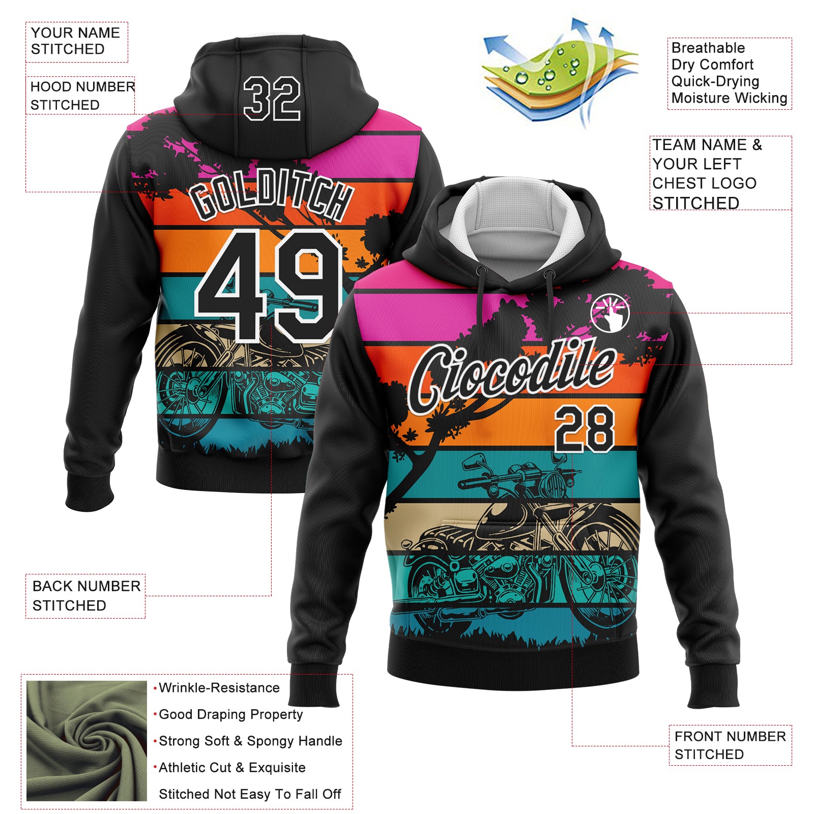 Custom Stitched Black White 3D Pattern Design Motorcycle Motocross Racing Sports Pullover Sweatshirt Hoodie