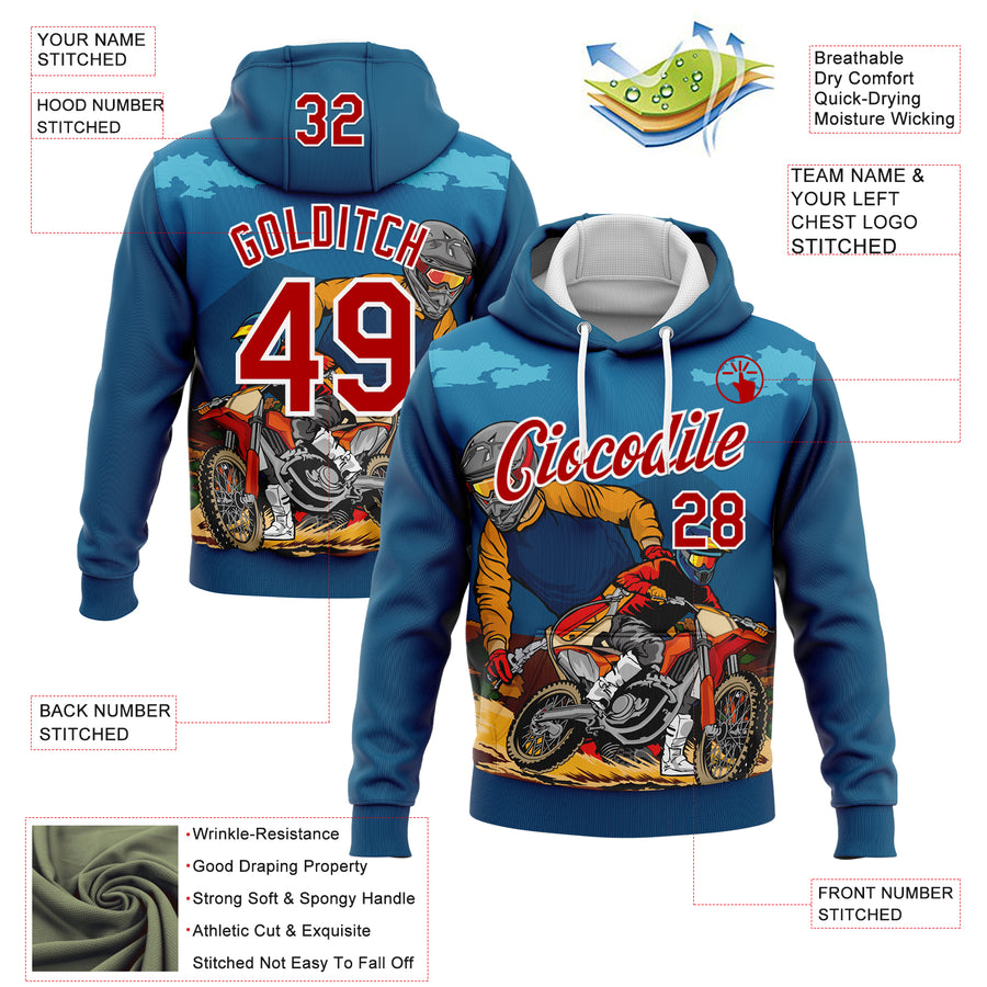 Custom Stitched Blue Red-White 3D Pattern Design Motorcycle Motocross Racing Sports Pullover Sweatshirt Hoodie