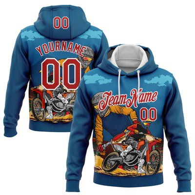 Custom Stitched Blue Red-White 3D Pattern Design Motorcycle Motocross Racing Sports Pullover Sweatshirt Hoodie