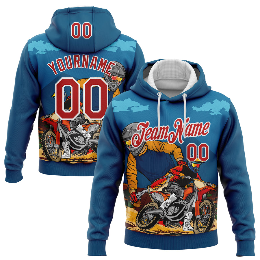 Custom Stitched Blue Red-White 3D Pattern Design Motorcycle Motocross Racing Sports Pullover Sweatshirt Hoodie