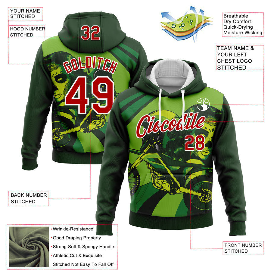 Custom Stitched Green Red-White 3D Pattern Design Motorcycle Motocross Skull Racing Sports Pullover Sweatshirt Hoodie