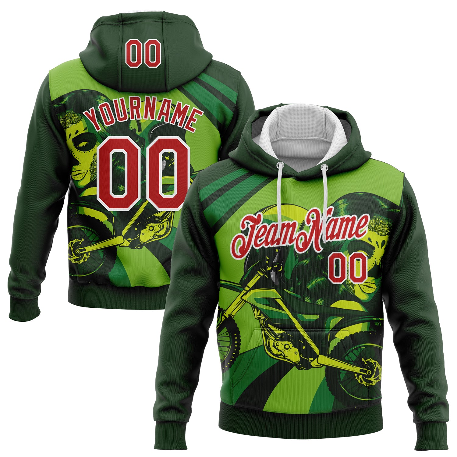 Custom Stitched Green Red-White 3D Pattern Design Motorcycle Motocross Skull Racing Sports Pullover Sweatshirt Hoodie