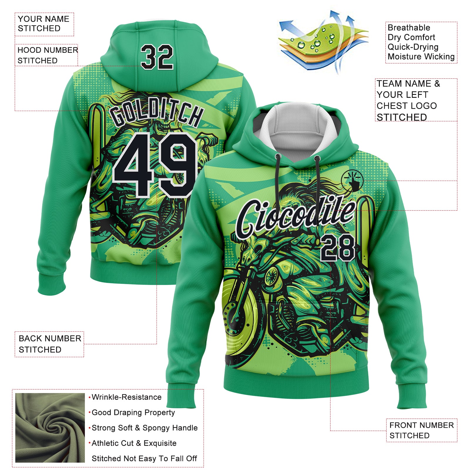 Custom Stitched Green Black-White 3D Pattern Design Motorcycle Motocross Skull Racing Sports Pullover Sweatshirt Hoodie