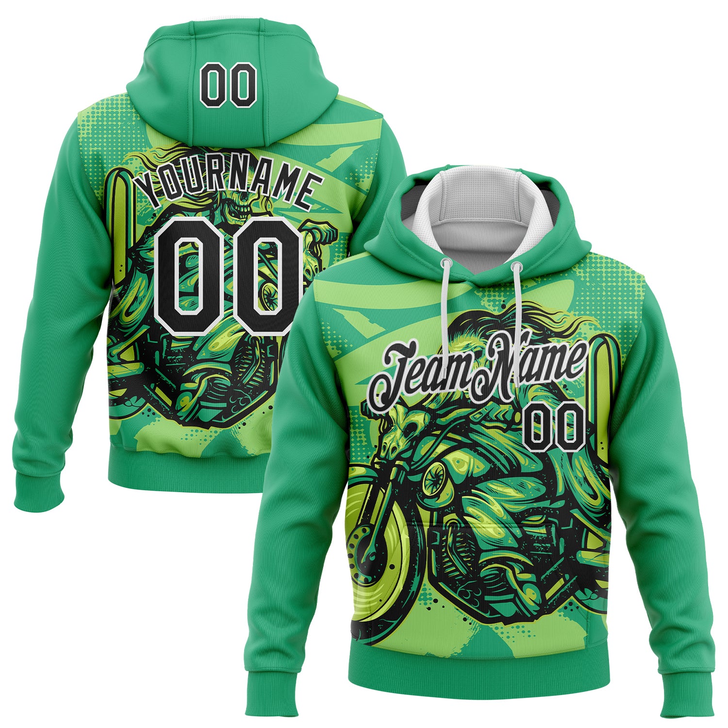 Custom Stitched Green Black-White 3D Pattern Design Motorcycle Motocross Skull Racing Sports Pullover Sweatshirt Hoodie