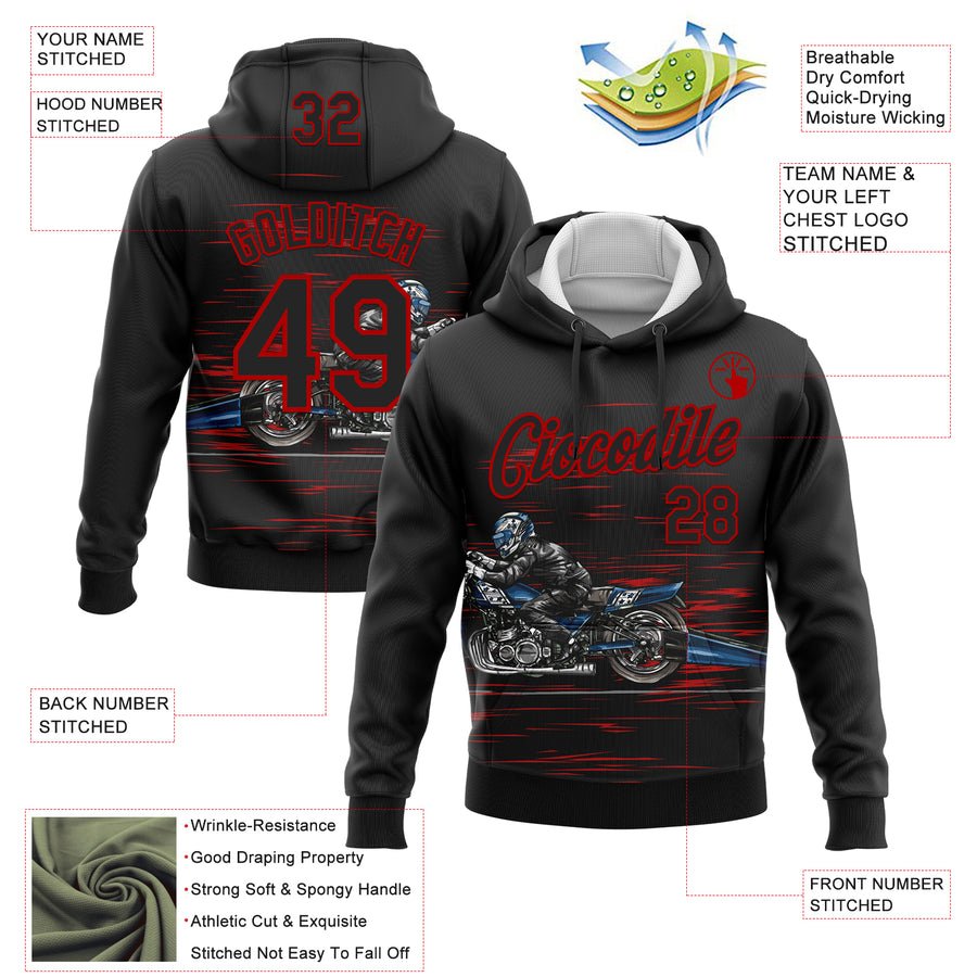 Custom Stitched Black Red 3D Pattern Design Motorcycle Motocross Skull Racing Sports Pullover Sweatshirt Hoodie